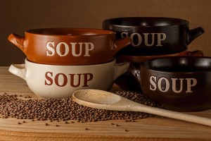 soup bowls and dried lentils